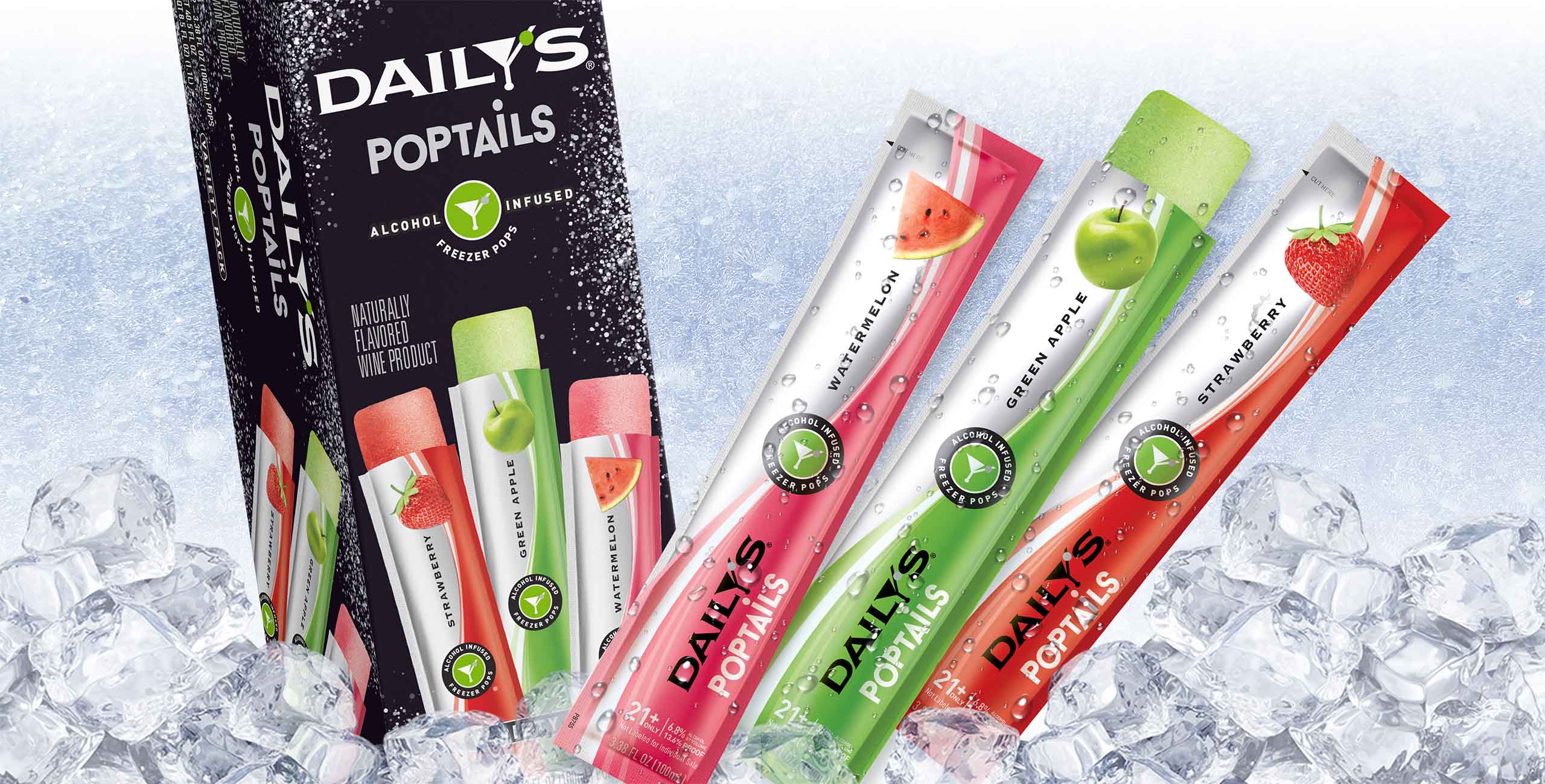 Daily's Poptails carton and pops on ice