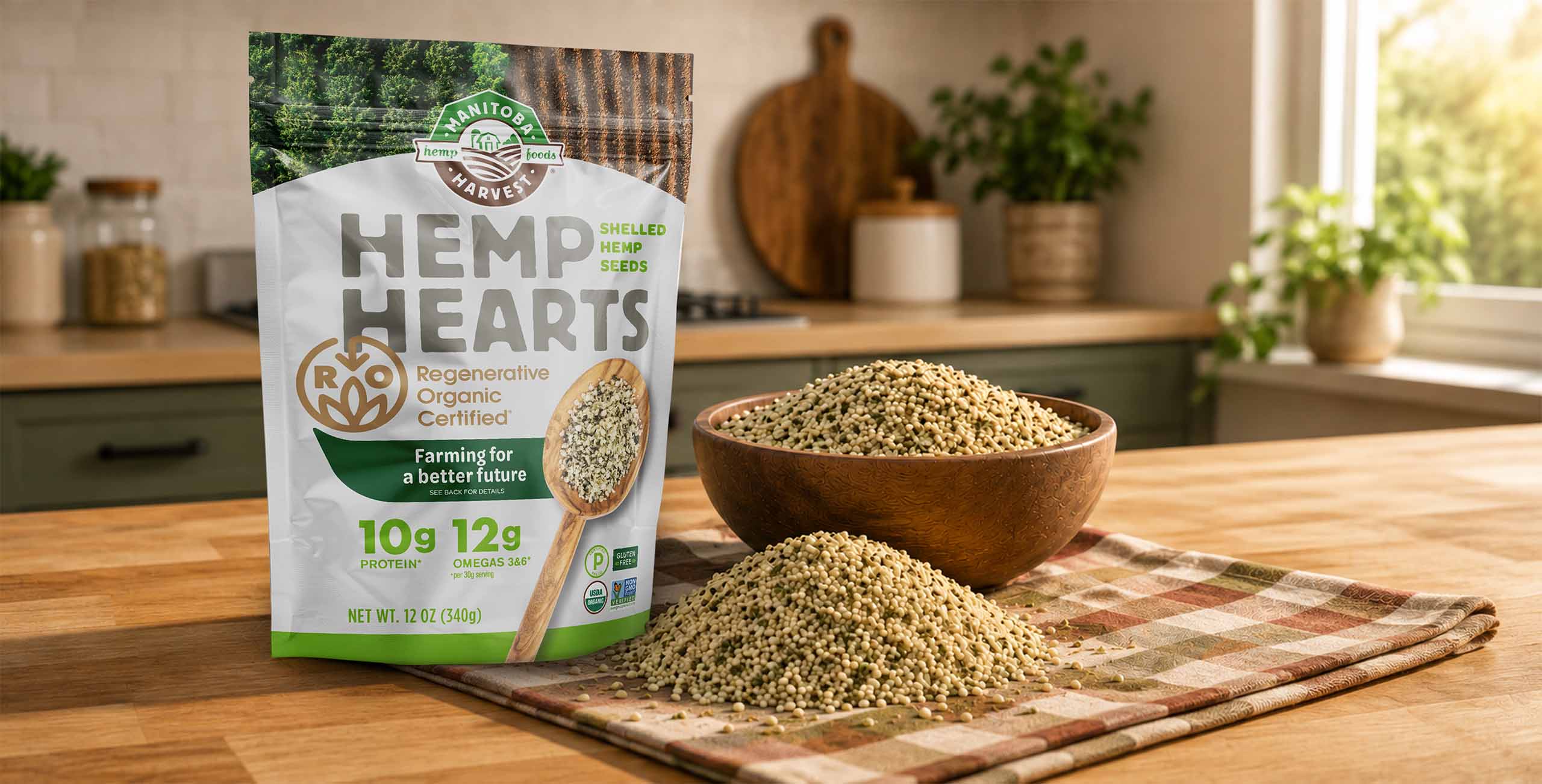 package of manitoba harvest regenerative hemp hearts on kitchen counter