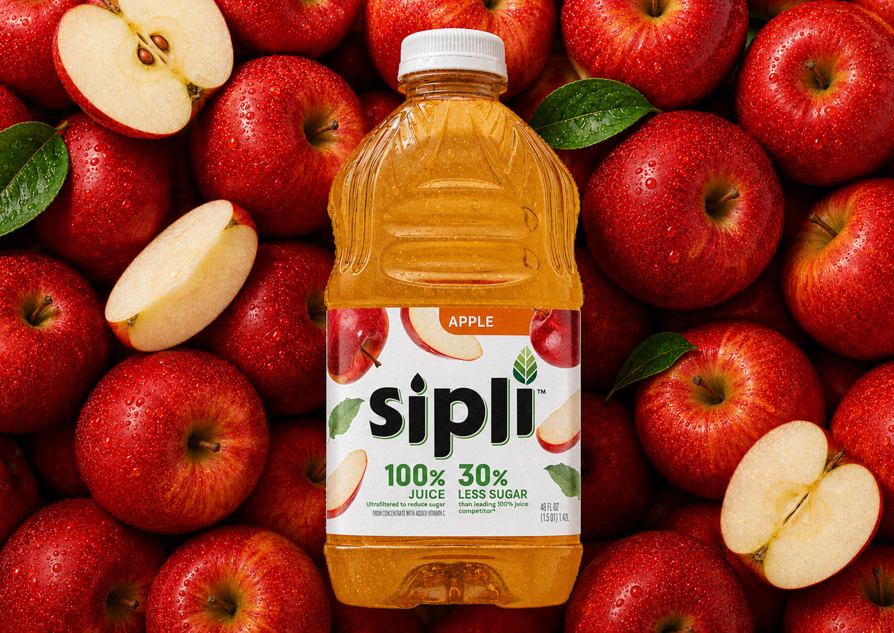 Sipli Apple Juice Bottle on Apple Background