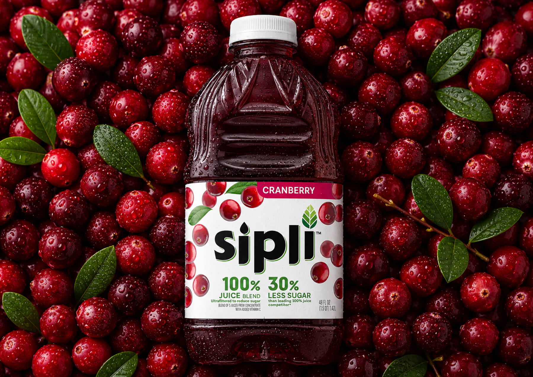 Sipli Cranberry Juice Bottle on Cranberry Background